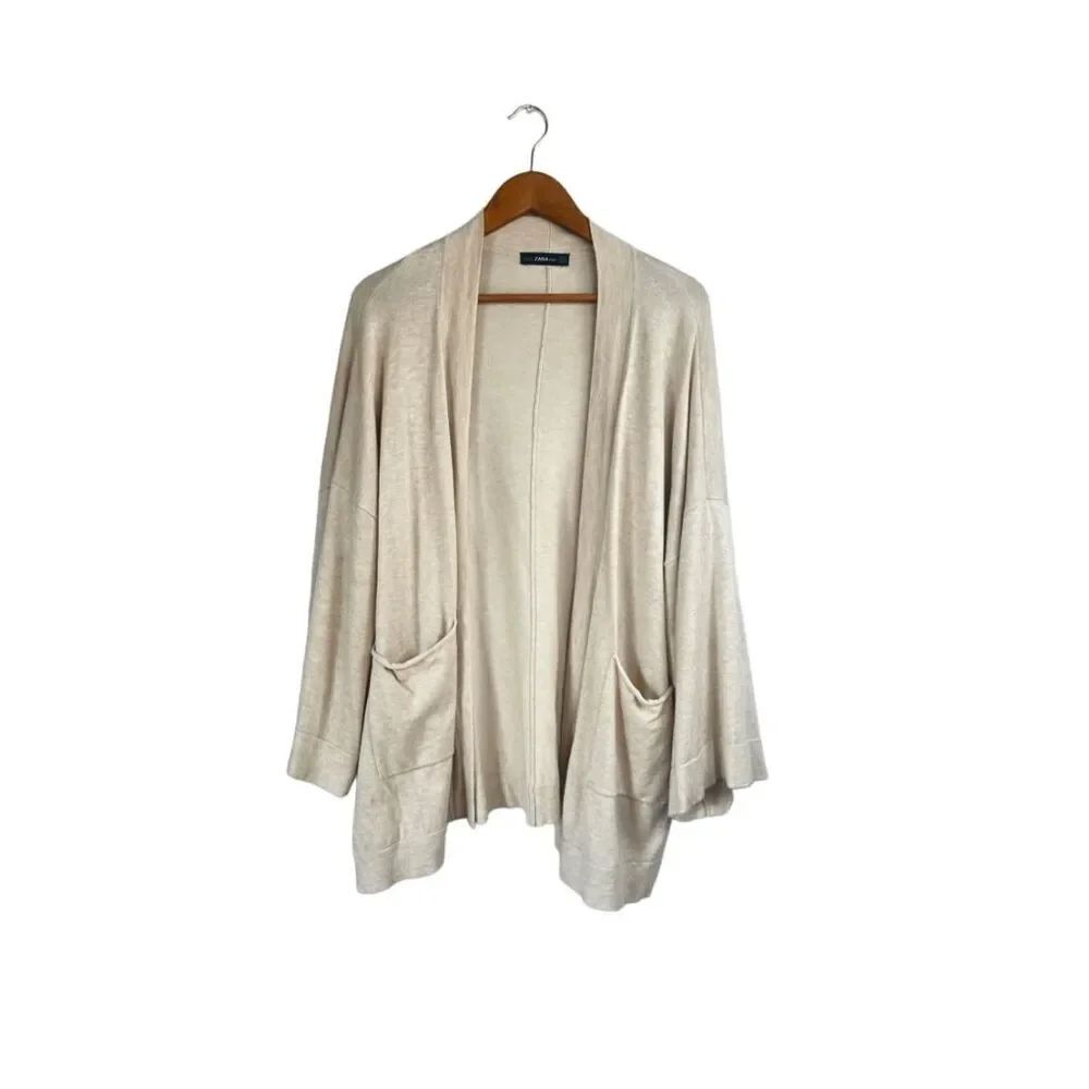 Zara Knit Cardigan Sweater Long Sleeves Open Front Pocket Drop Shoulders Cream M